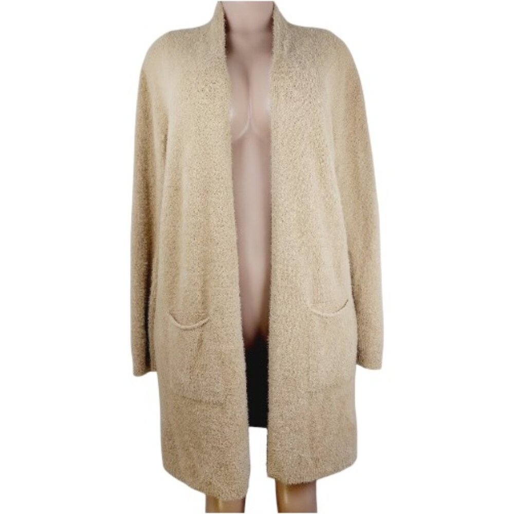 Qixing Women's Beige Long Sleeve Sherpa Fleece Open Front Cardigan Sweater Sz M